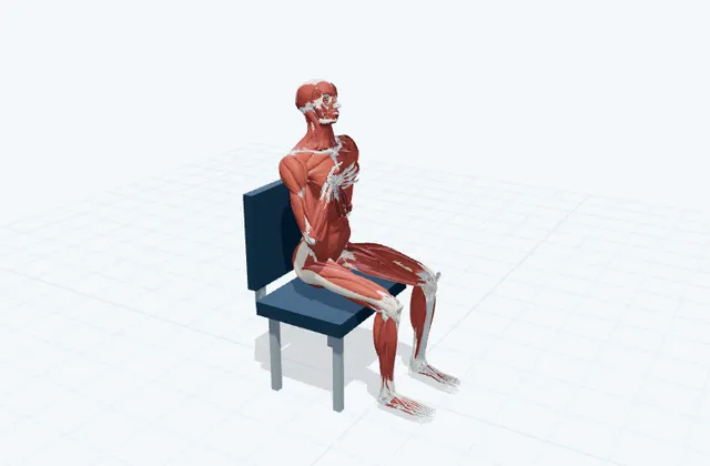 鎖骨を押さえて首の前を伸ばすの動作の一場面を示す3D模式図