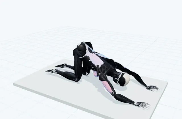 四つ這いから胸を床へ近づけるの動作の一場面を示す3D模式図