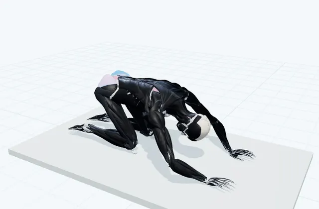 四つ這いでお尻を後ろへ引くの動作の一場面を示す3D模式図