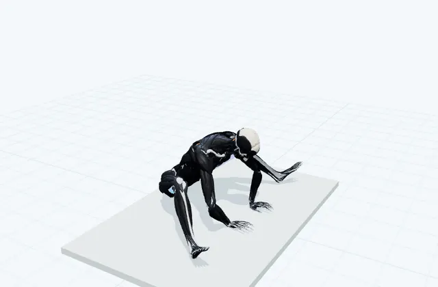 開脚して前へ倒れるの動作の一場面を示す3D模式図