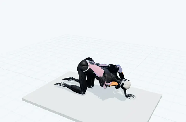 四つ這いで腕を下へ通し、上へ開くの動作の一場面を示す3D模式図
